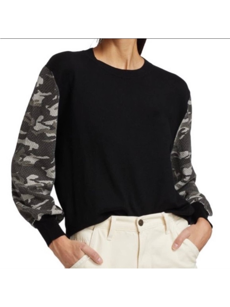 Monrow Black Cotton Cashmere Pullover Sweater Gray Camo Sleeves Size L